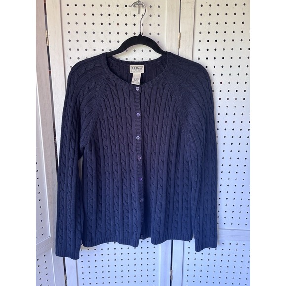 L.L. Bean Sweaters - L.L.Bean Women's M Reg Navy Blue Cotton Cable Knit Cardigan Sweater Button